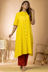 Yellow Women Cotton Buta Long Kurta