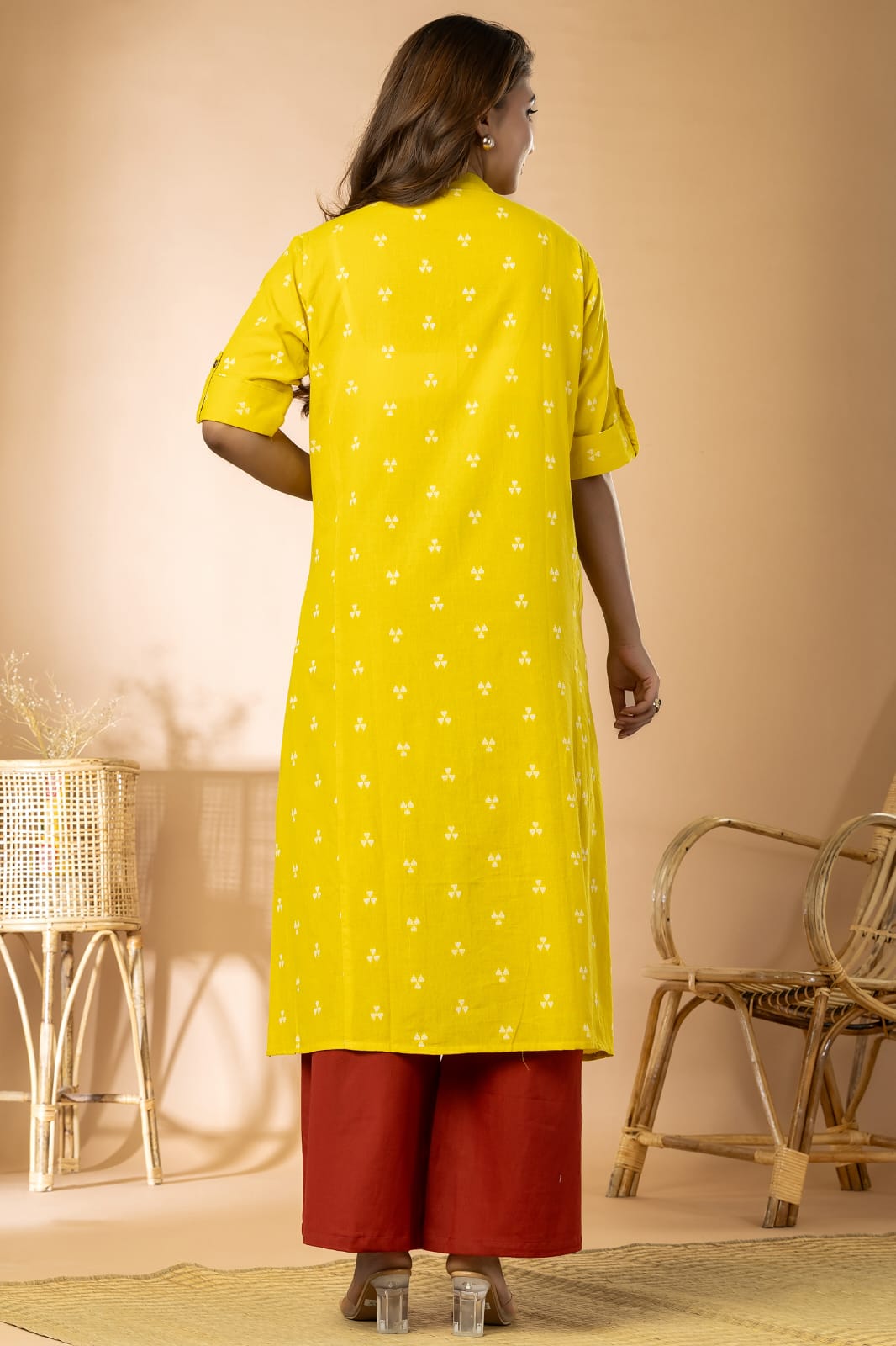 Yellow Women Cotton Buta Long Kurta