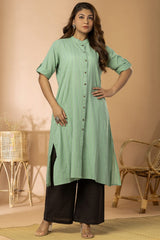 Light Green Striped Women Cotton Buta Long Kurta