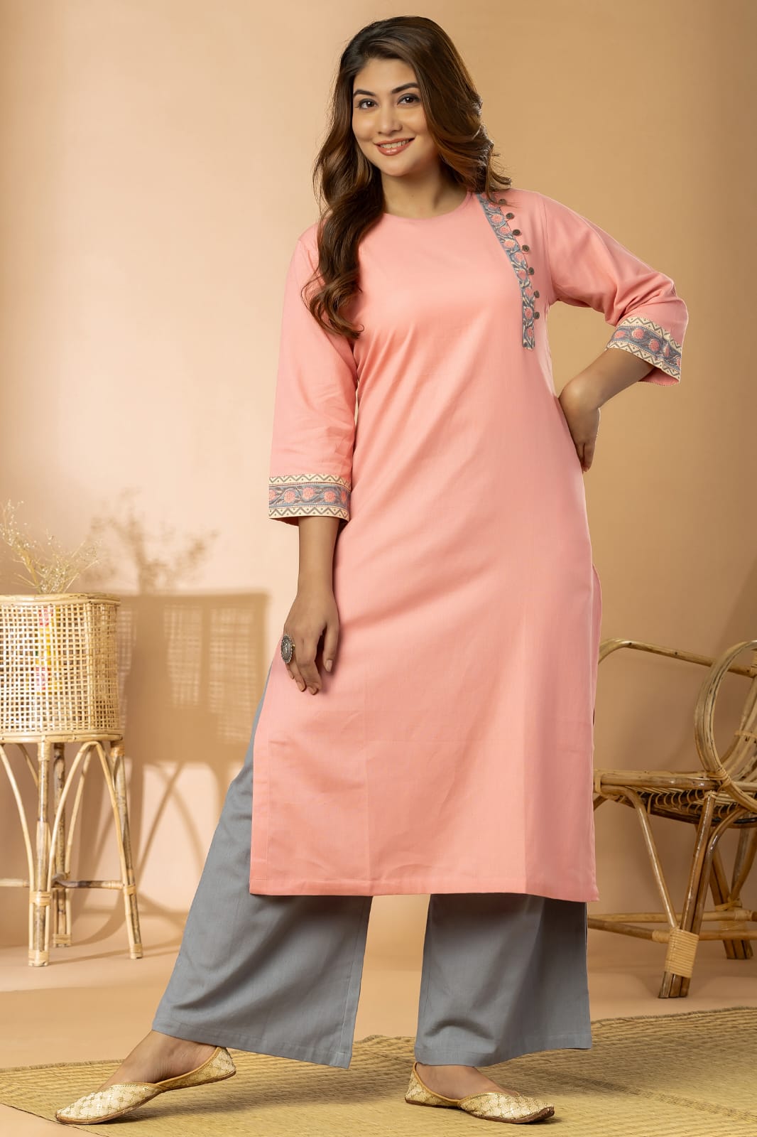 Rose Pink Cotton Flex Long Kurta