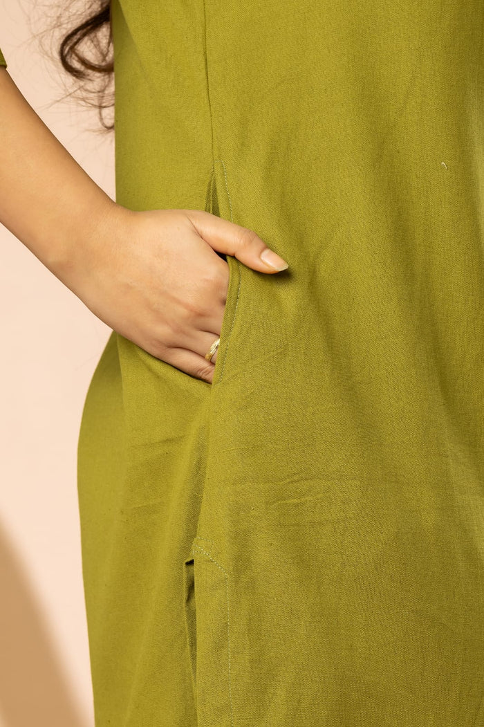 Olive Green Cotton Flex Embroidery Women Long Kurta