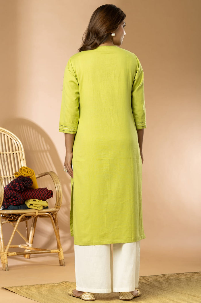 Pista Green Cotton Flex Embroidery Women Long Kurta