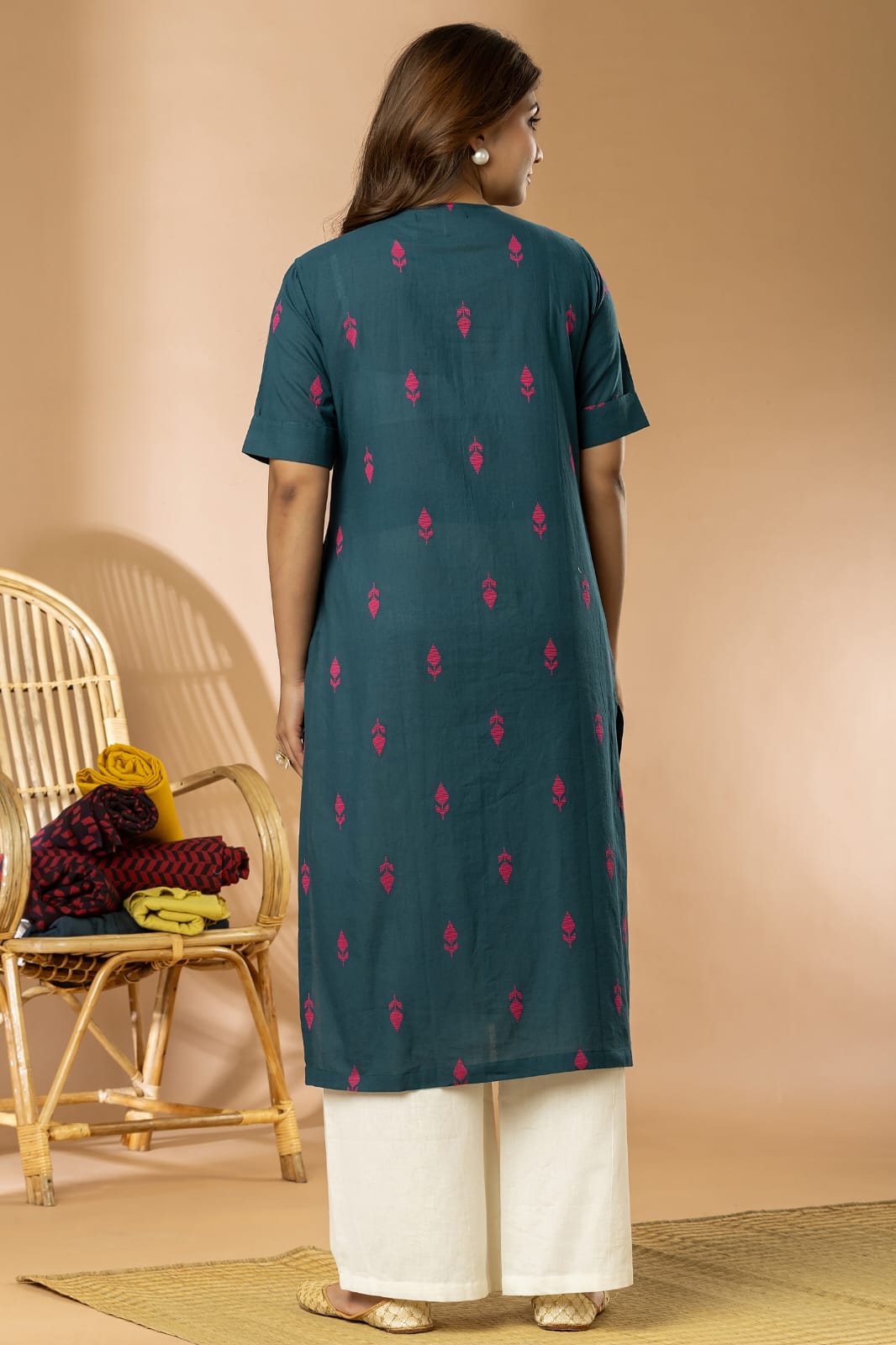 Teal Blue Women Cotton Buta Long Kurta