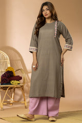 Grey Cotton Slub Angrakha Women Long Kurta