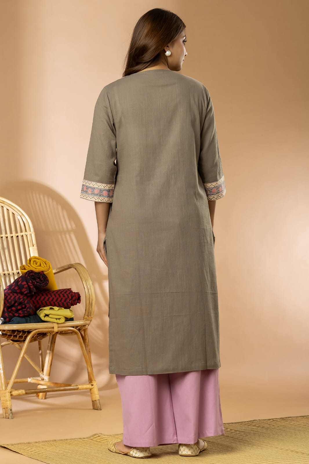 Grey Cotton Slub Angrakha Women Long Kurta