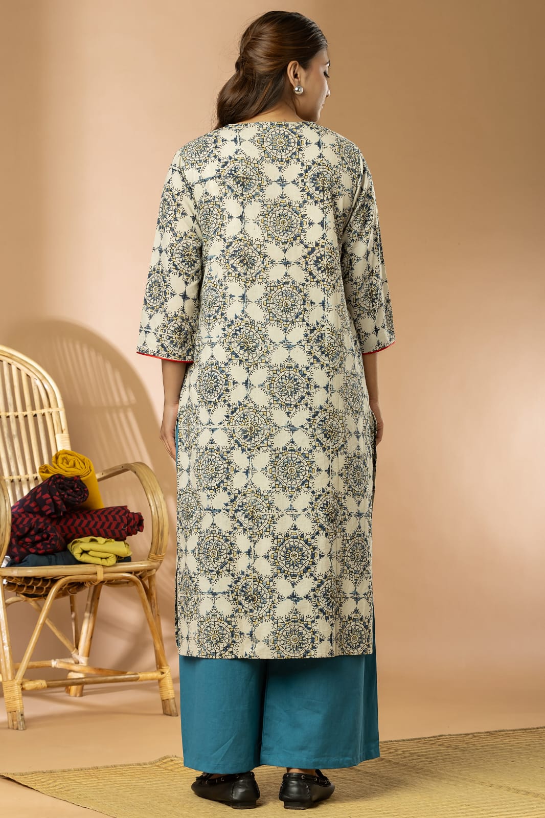 Ivory Women Ajrakh Long Kurta