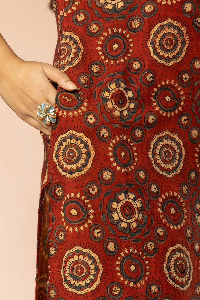 Red Women Ajrakh Long Kurta