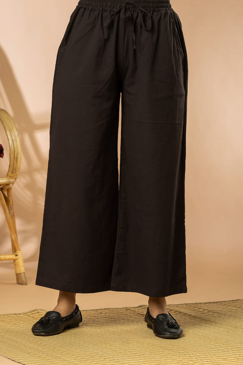 Black Cotton Flex Women Wide Leg Elastic Pants