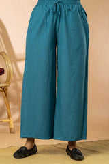 Teal Blue Cotton Flex Women Wide Leg Pants