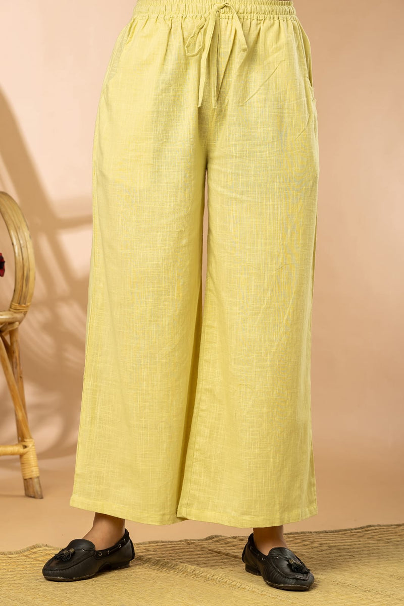 Lemon Cotton Slub Women Wide Leg Elastic Pants