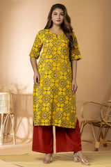 Yellow Women Ajrakh Long Kurta