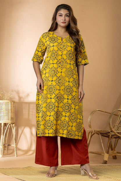 Yellow Women Ajrakh Long Kurta