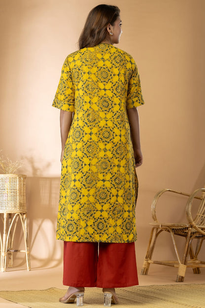 Yellow Women Ajrakh Long Kurta