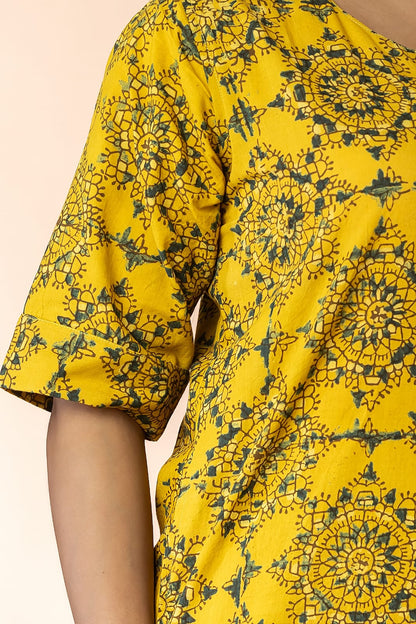Yellow Women Ajrakh Long Kurta