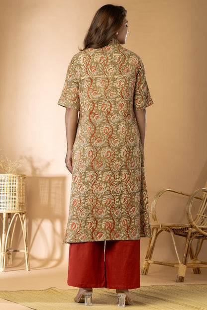 Light Olive Women Kalamkari Long Kurta