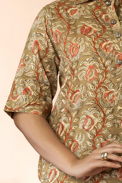 Light Olive Women Kalamkari Long Kurta