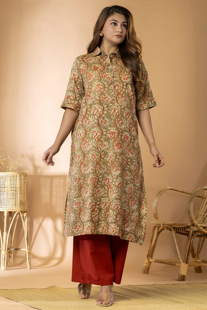 Light Olive Women Kalamkari Long Kurta