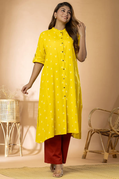 Yellow Women Cotton Buta Long Kurta