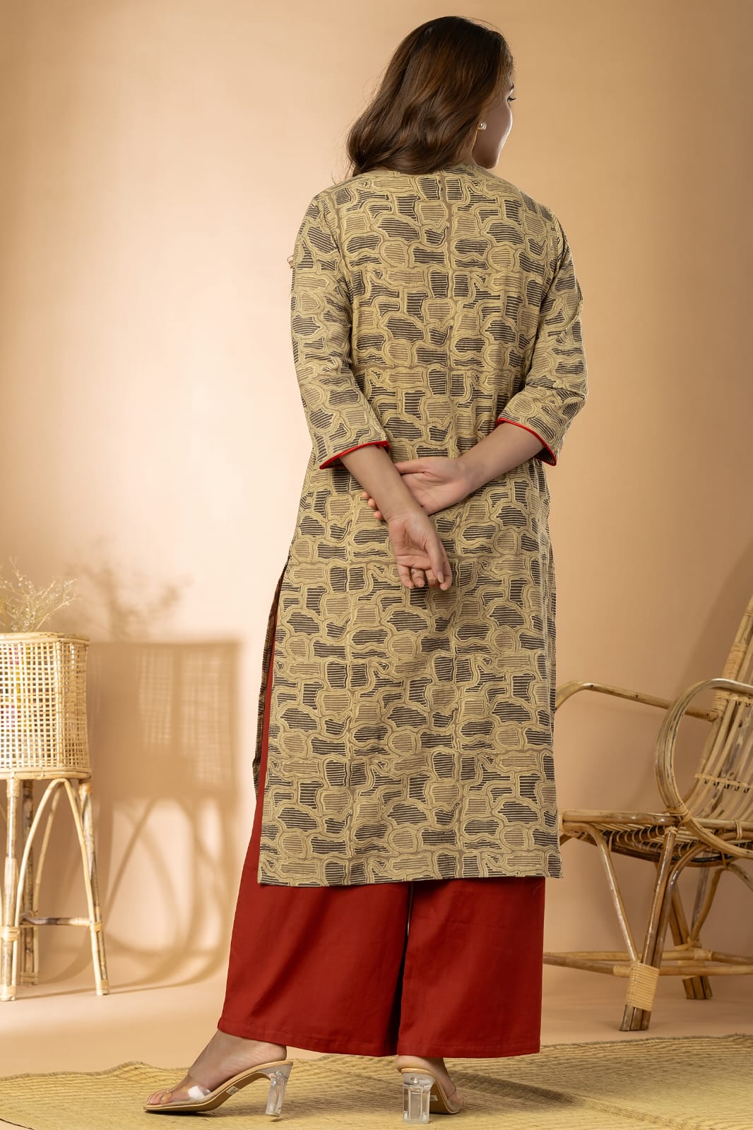 Dark Beige Women Ajrakh Long Kurta