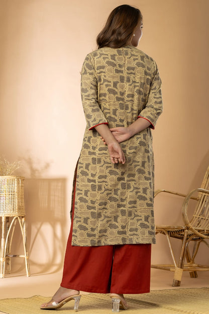 Dark Beige Women Ajrakh Long Kurta