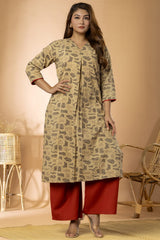 Dark Beige Women Ajrakh Long Kurta