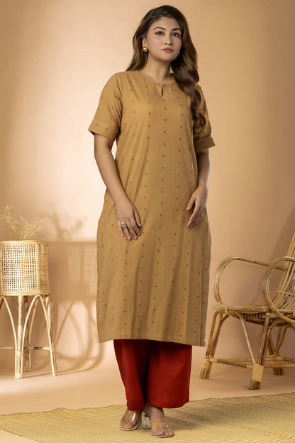 Khaki Women Cotton Buta Long Kurta