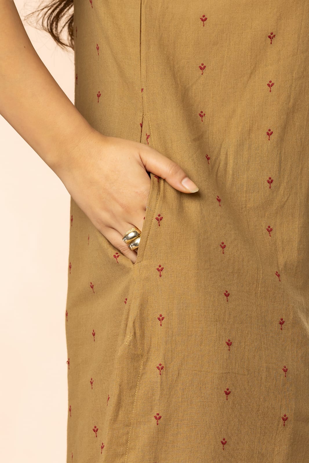 Khaki Women Cotton Buta Long Kurta