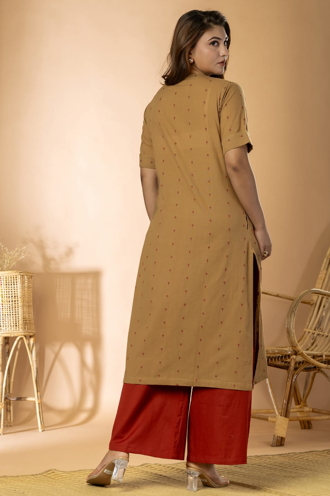 Khaki Women Cotton Buta Long Kurta