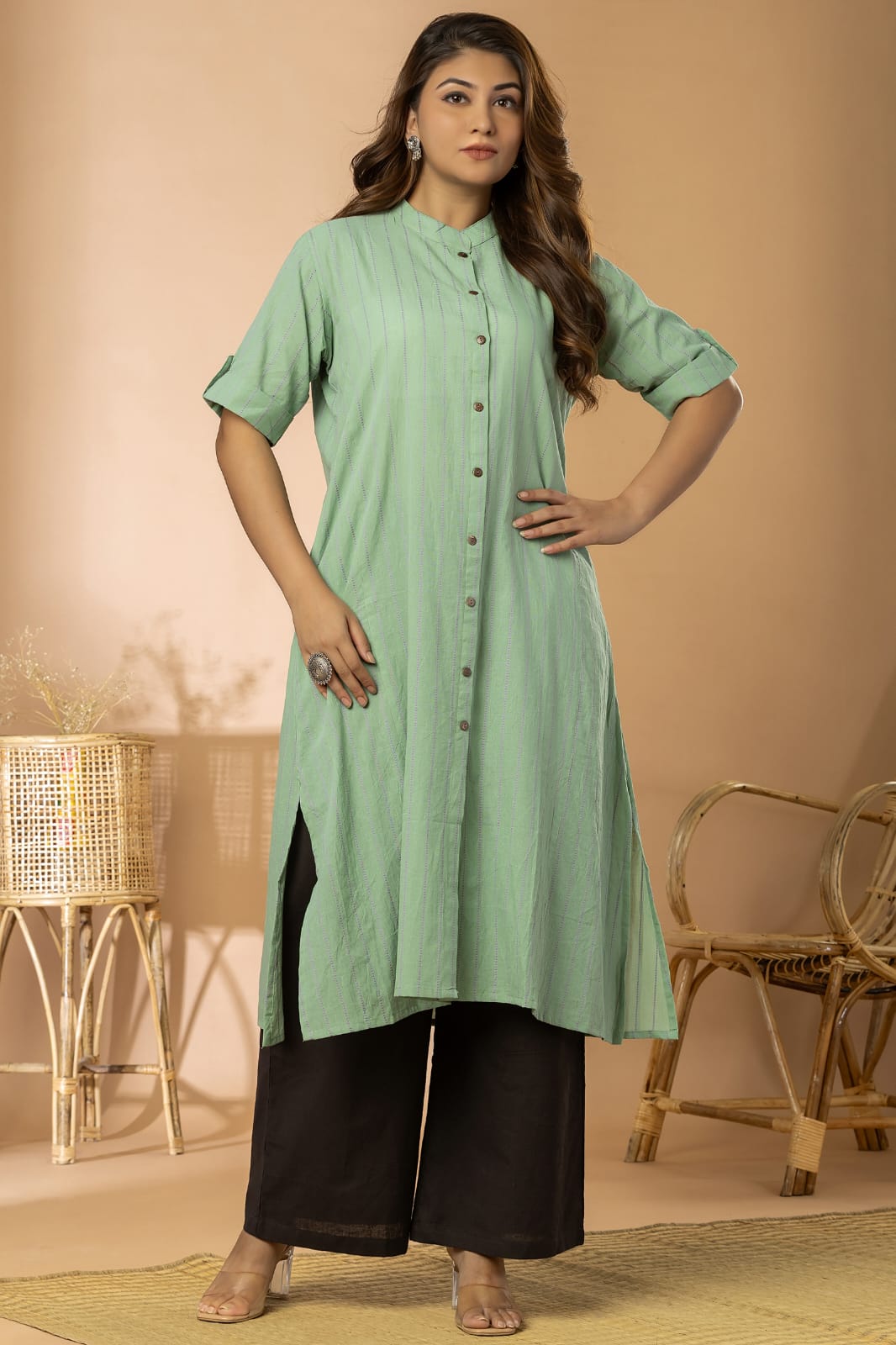 Light Green Striped Women Cotton Buta Long Kurta