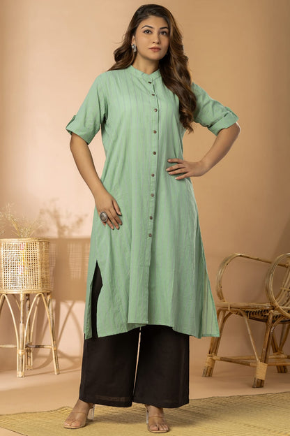 Light Green Striped Women Cotton Buta Long Kurta