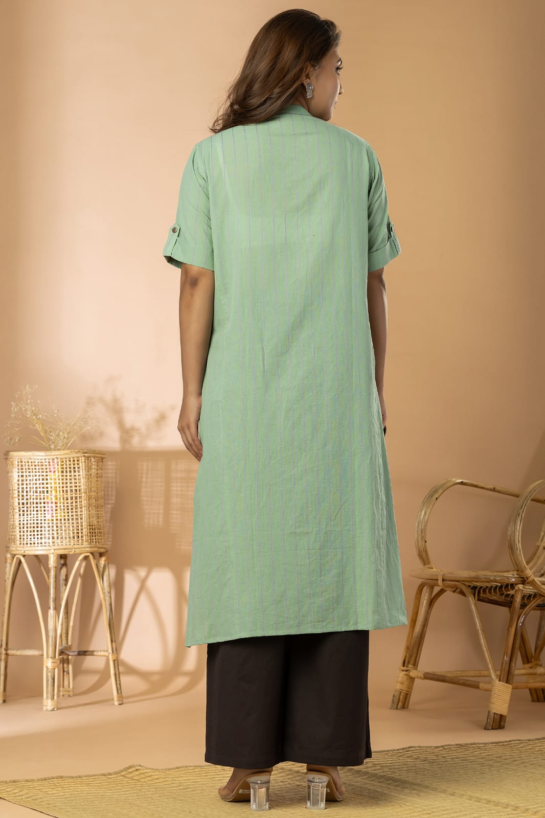 Light Green Striped Women Cotton Buta Long Kurta