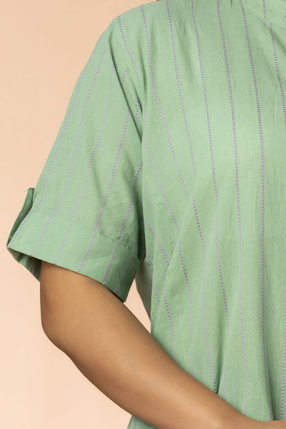Light Green Striped Women Cotton Buta Long Kurta