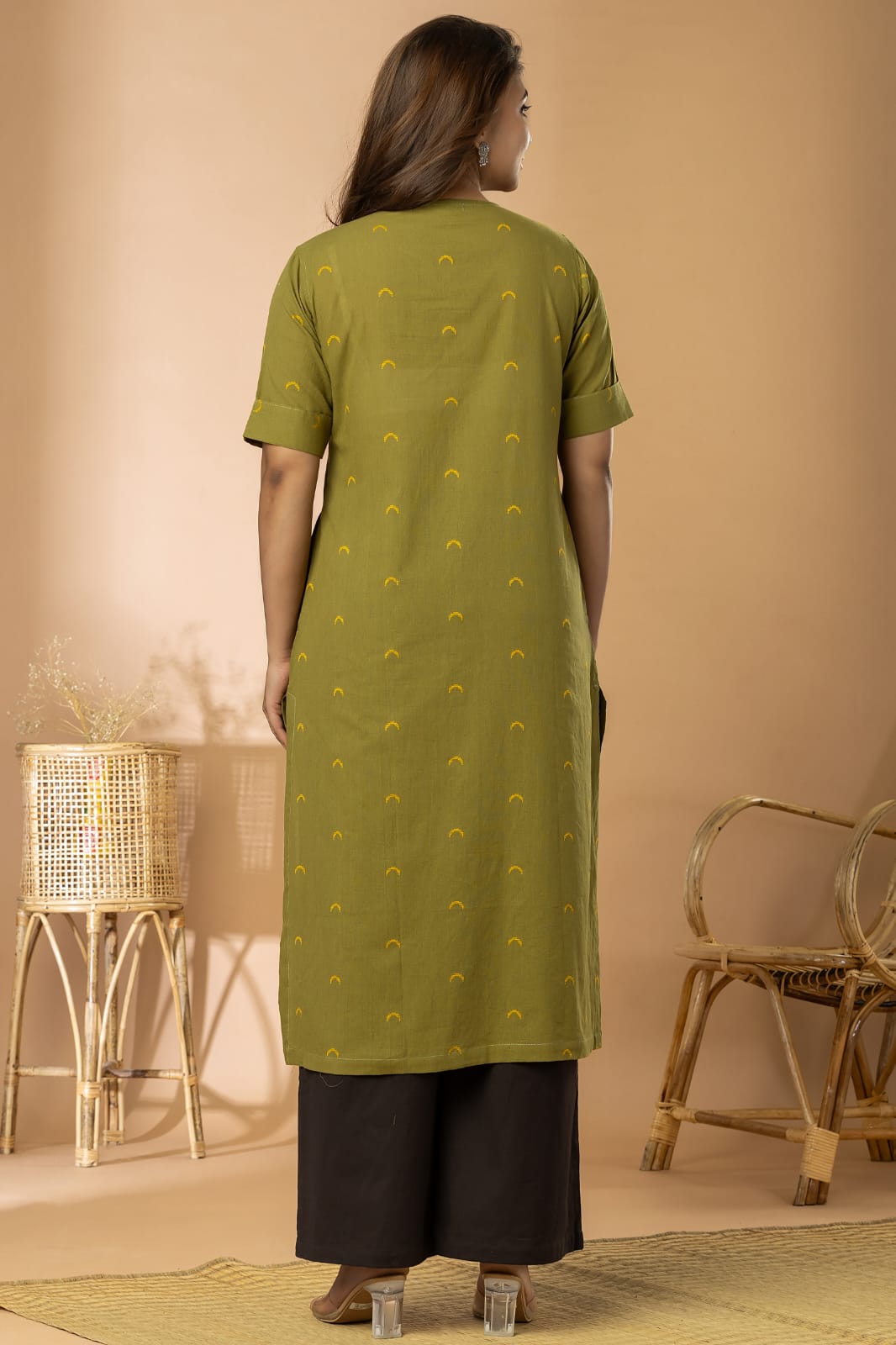 Moss Green Women Cotton Buta Long Kurta