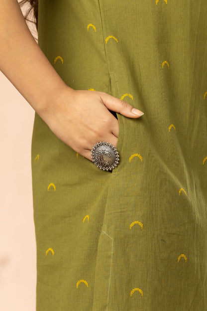 Moss Green Women Cotton Buta Long Kurta