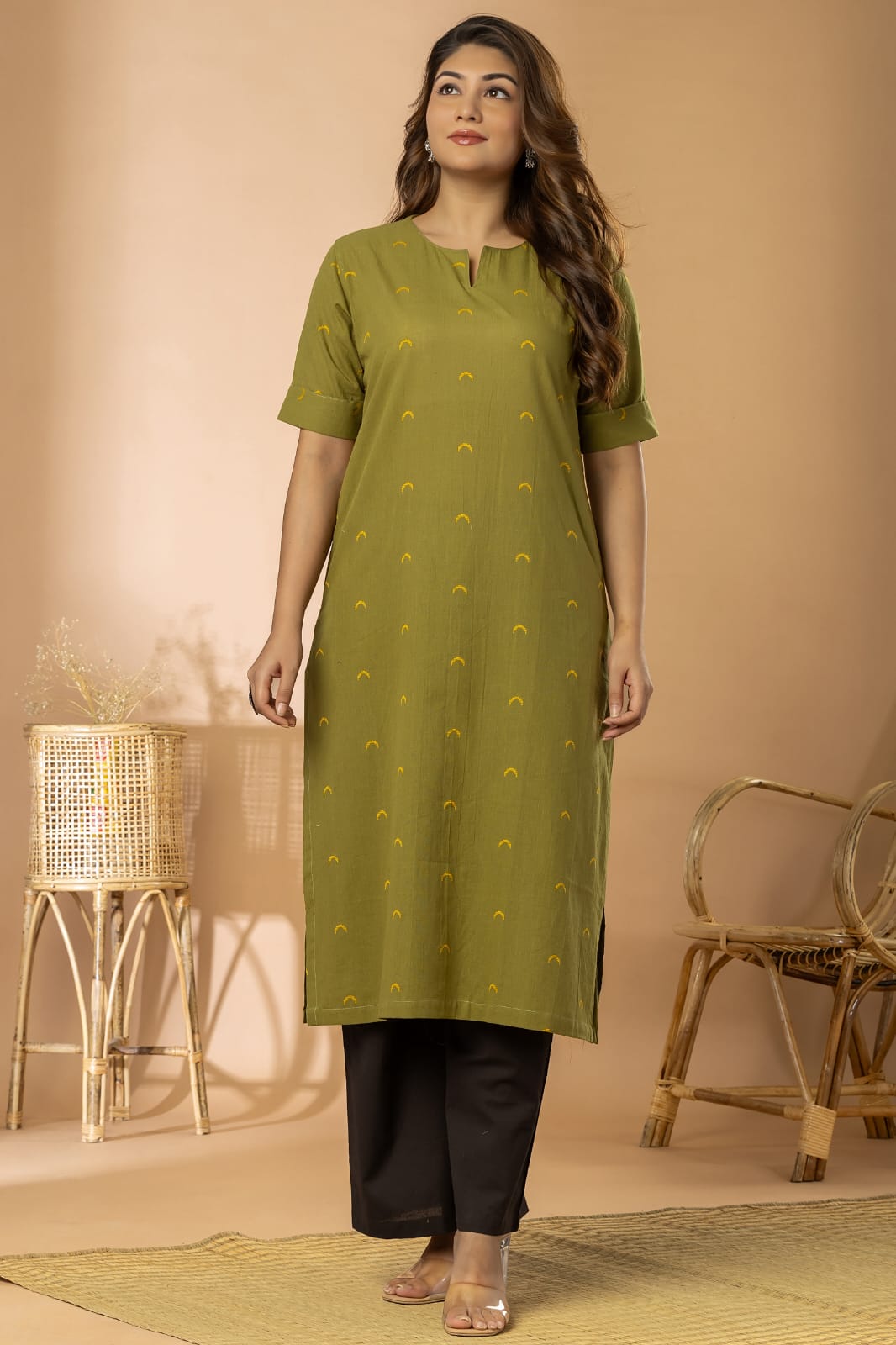 Moss Green Women Cotton Buta Long Kurta