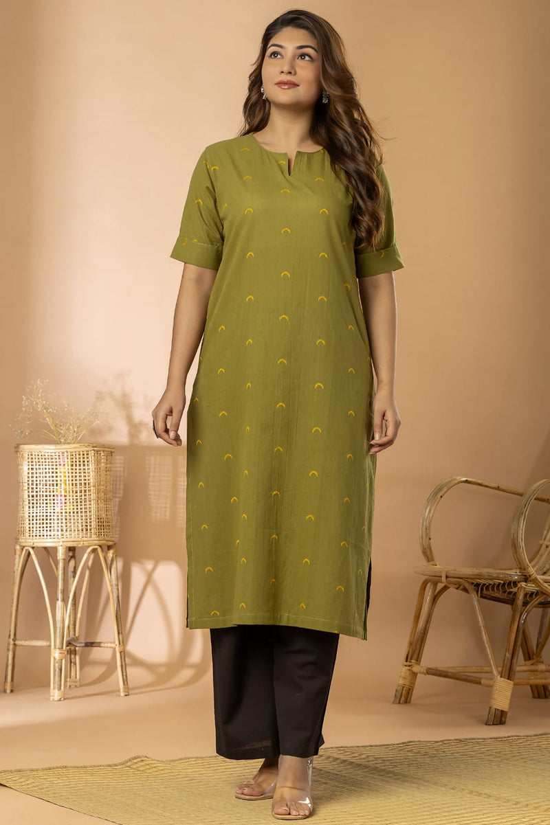 Moss Green Women Cotton Buta Long Kurta