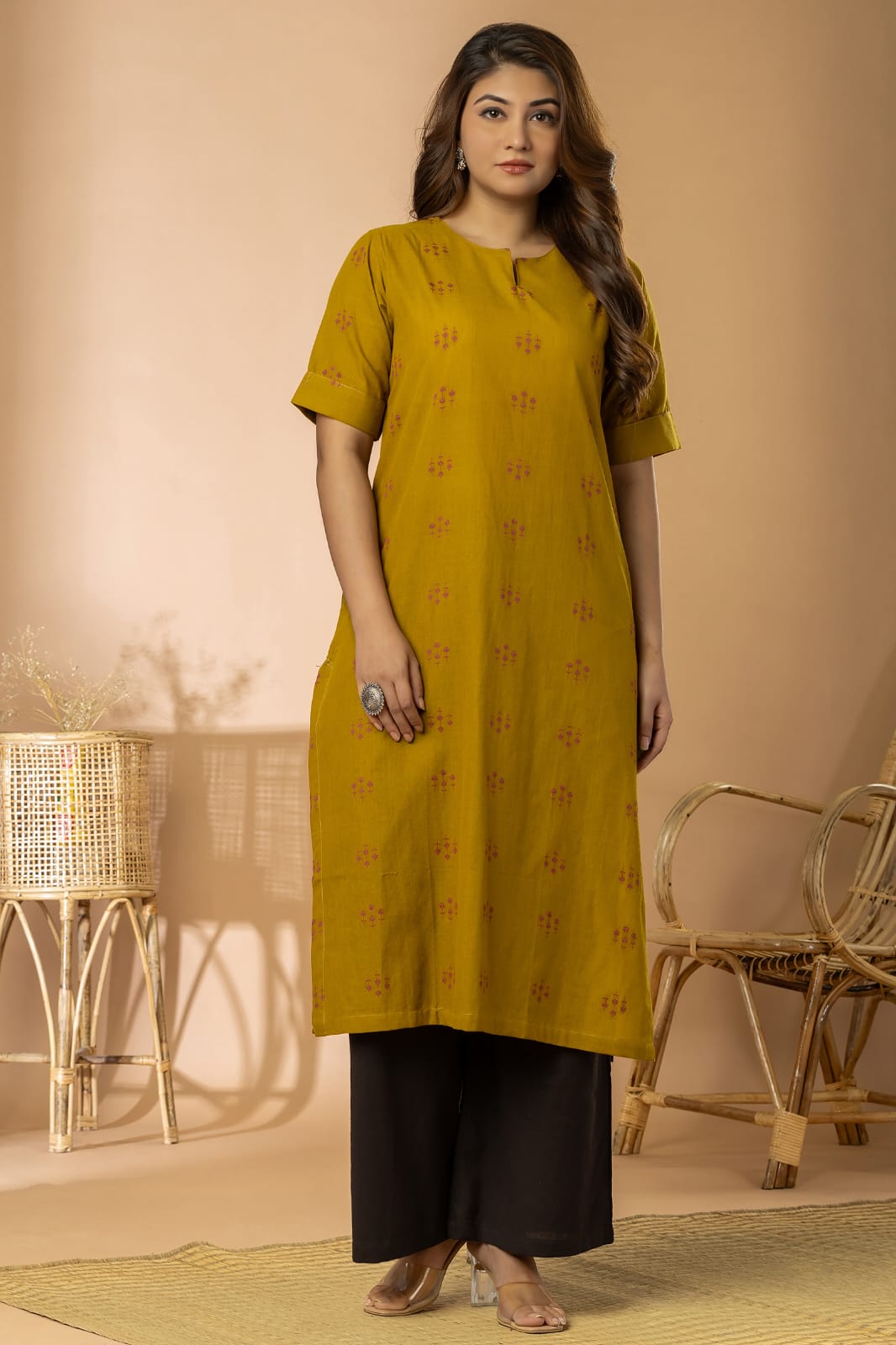 Ochre Women Cotton Buta Long Kurta