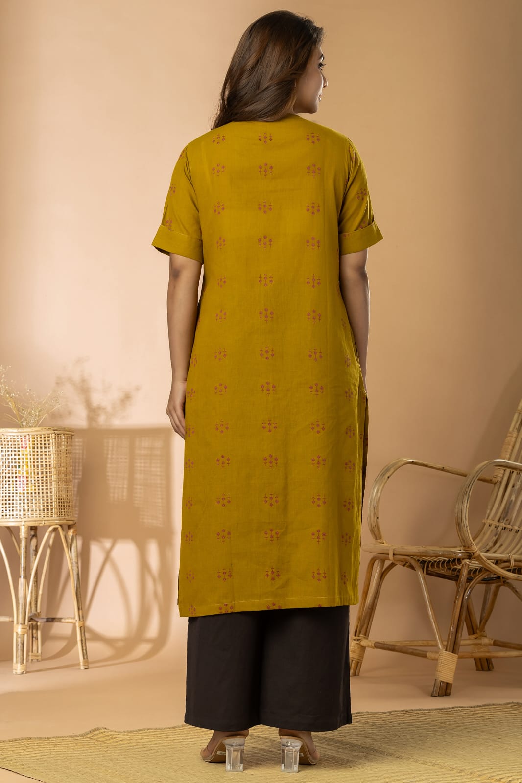 Ochre Women Cotton Buta Long Kurta