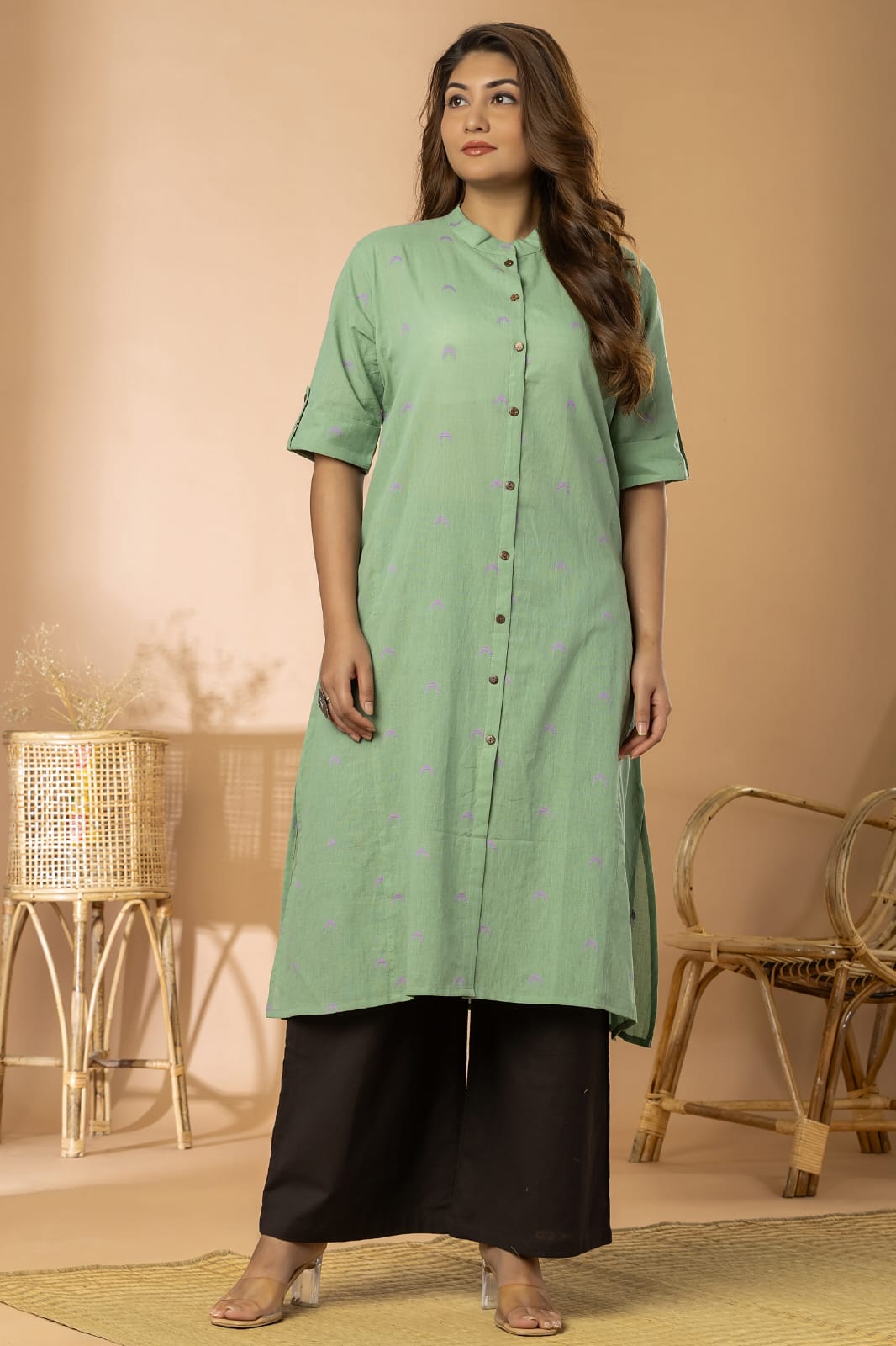 Light Green Women Cotton Buta Long Kurta