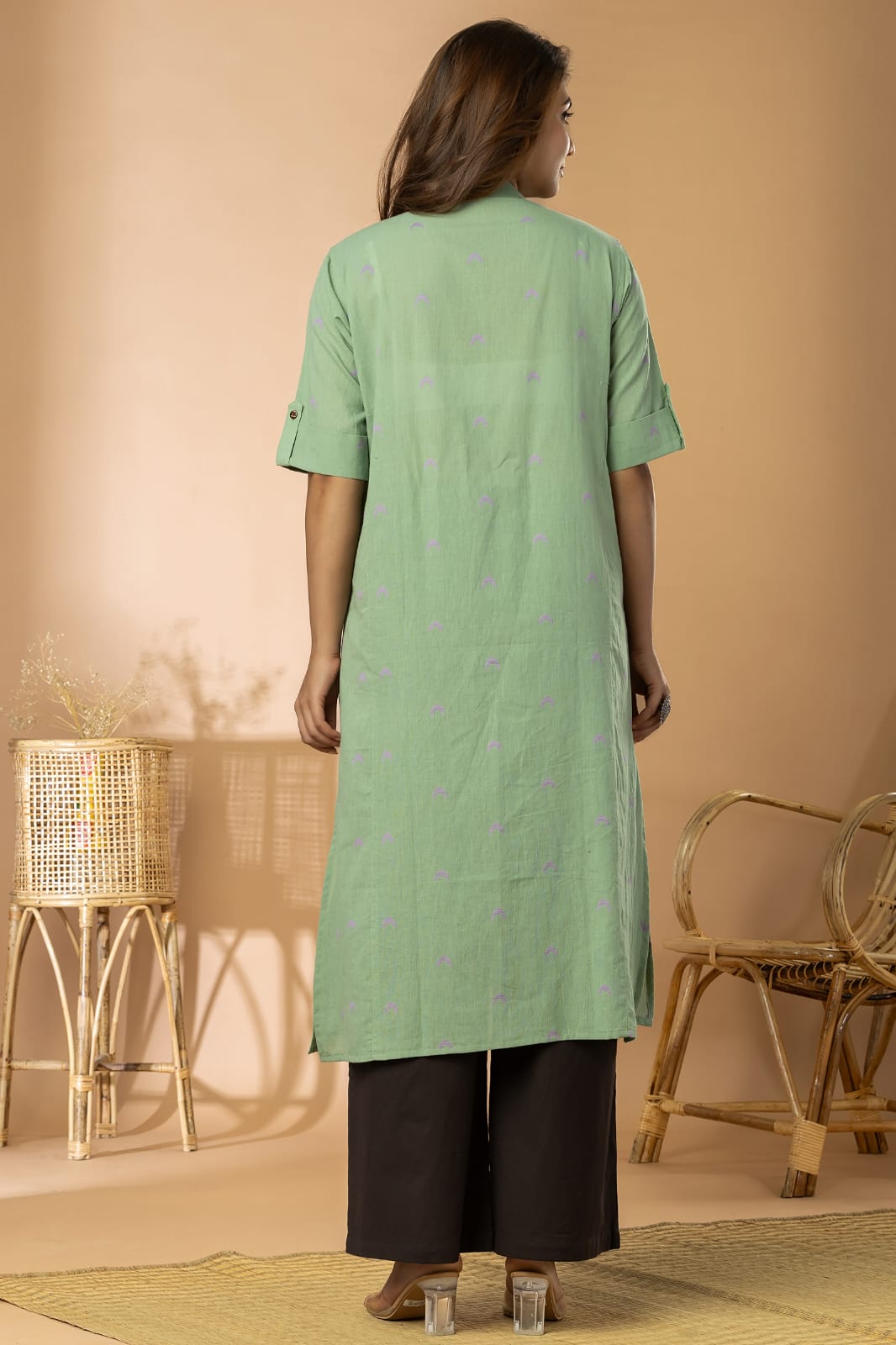 Light Green Women Cotton Buta Long Kurta