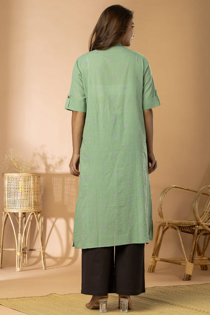 Light Green Women Cotton Buta Long Kurta