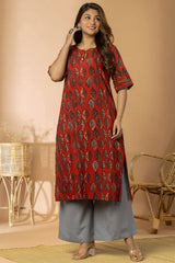 Dark Red Women Ajrakh Long Kurta