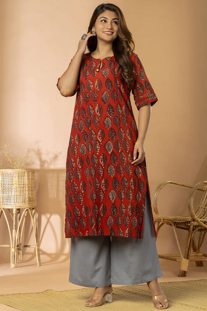 Dark Red Women Ajrakh Long Kurta