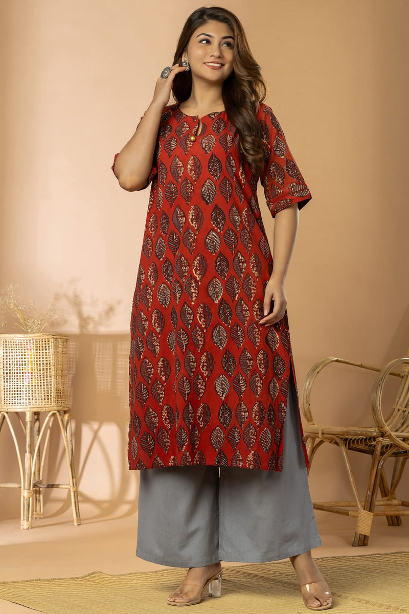 Dark Red Women Ajrakh Long Kurta