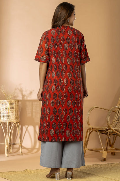 Dark Red Women Ajrakh Long Kurta
