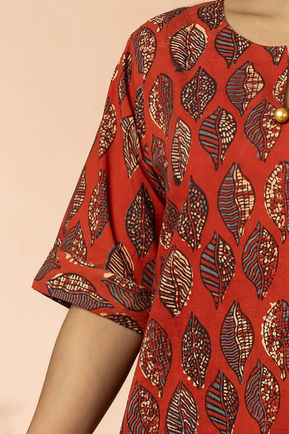 Dark Red Women Ajrakh Long Kurta