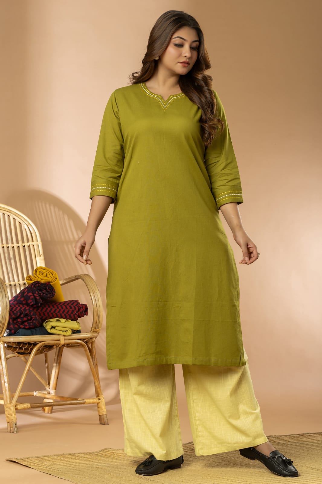 Olive Green Cotton Flex Embroidery Women Long Kurta