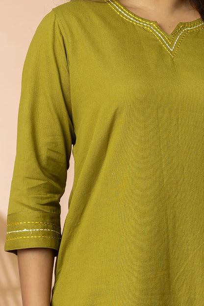 Olive Green Cotton Flex Embroidery Women Long Kurta