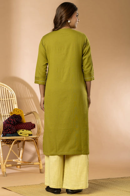 Olive Green Cotton Flex Embroidery Women Long Kurta