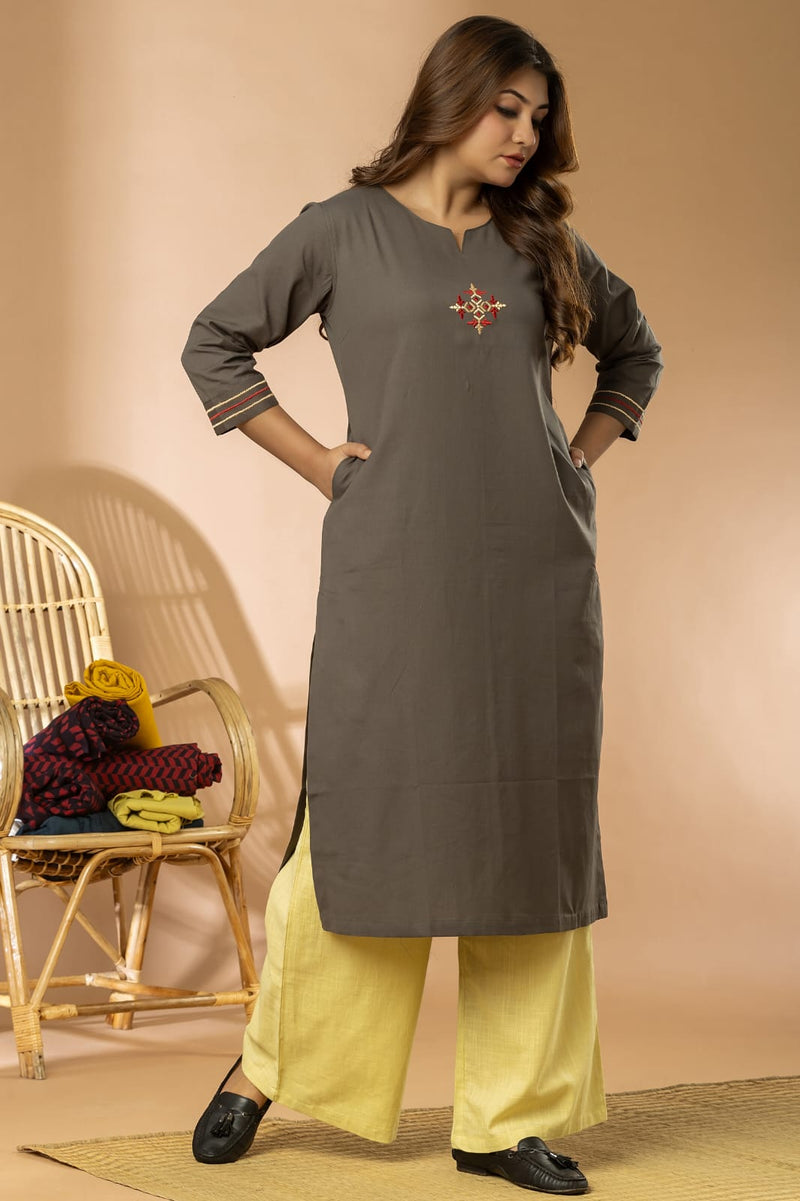 Dark Grey Cotton Flex Embroidery Women Long Kurta